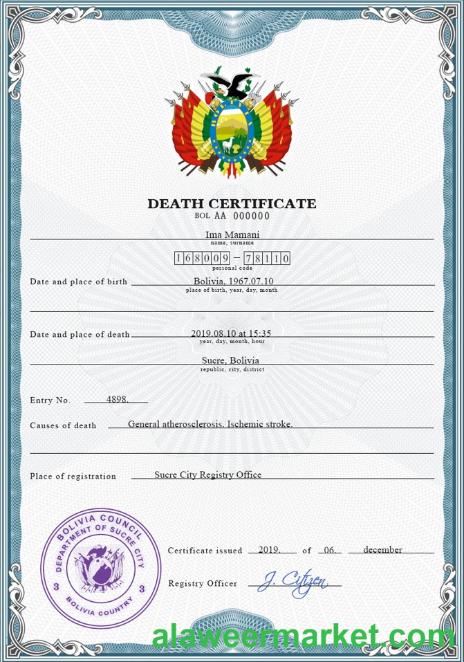 Bolivia death certificate PSD template